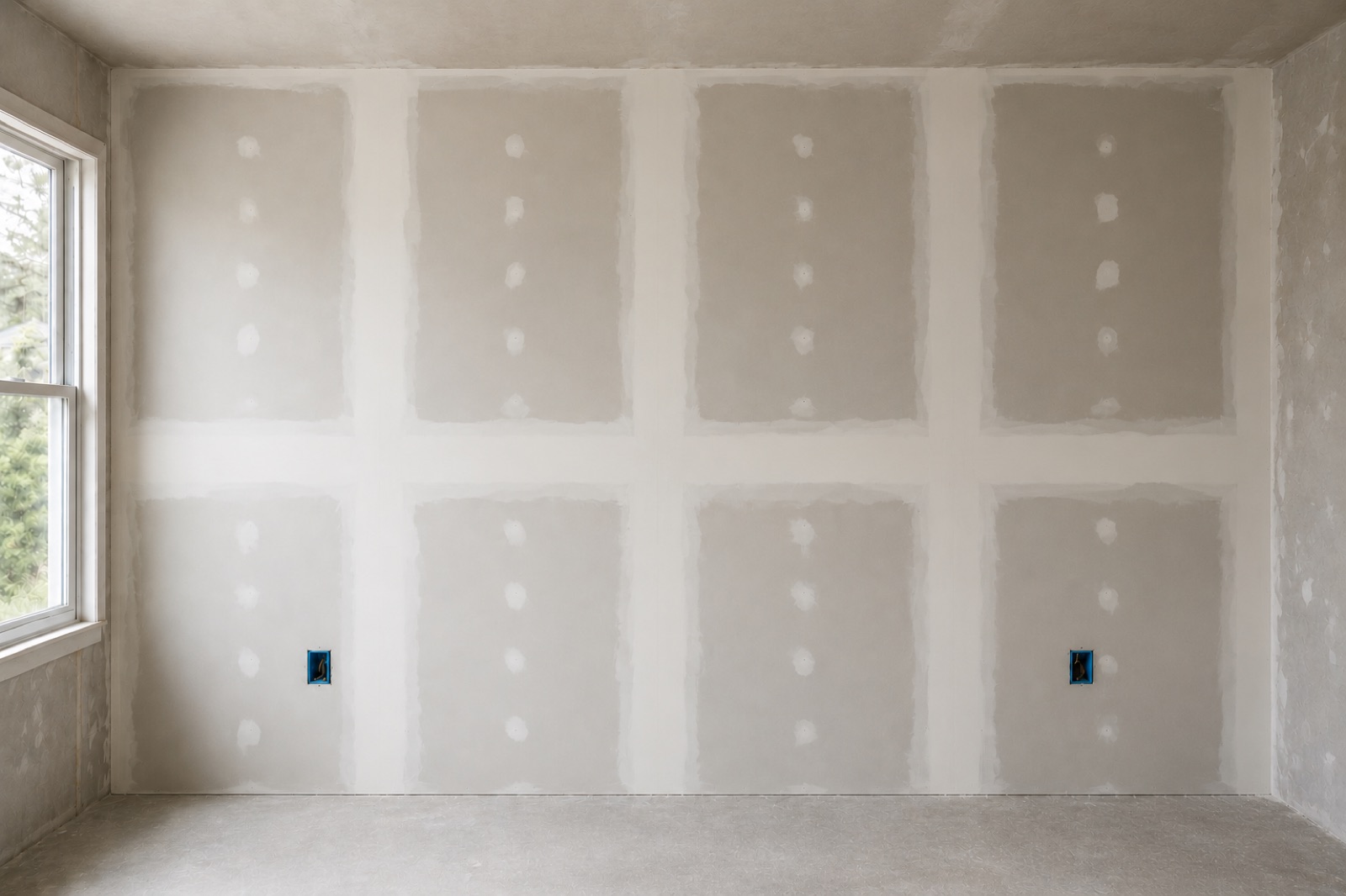 The same wall mid-project, joint compound floated over taped drywall