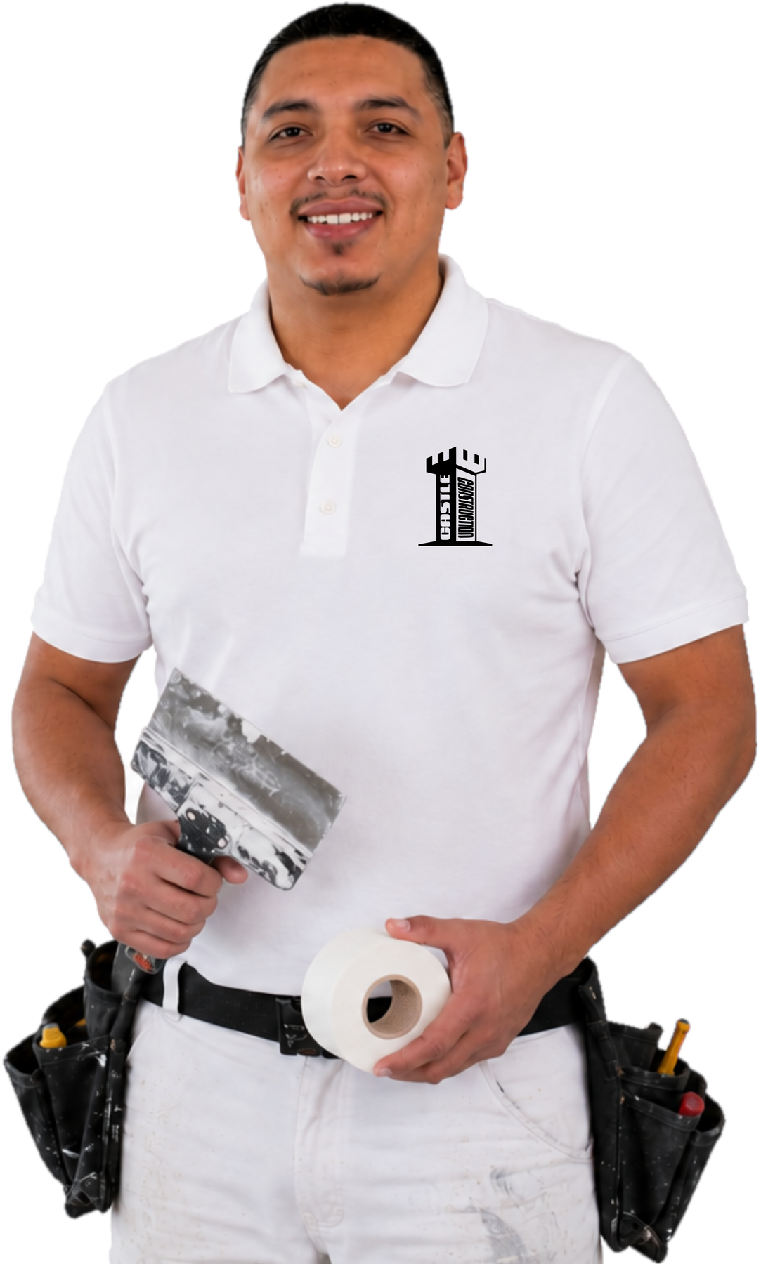 Fernando of Castle Construction on a drywall jobsite, holding a taping knife and joint tape